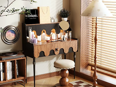Elegant Wooden Dressing Table Setup With Round Mirror Cosmetics And Decorative Stool 3d model