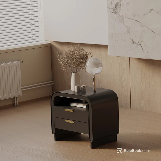 Black Nightstand With Two Drawers Gold Handles Dried Flowers Vase And Round Globe Lamp 3d model 