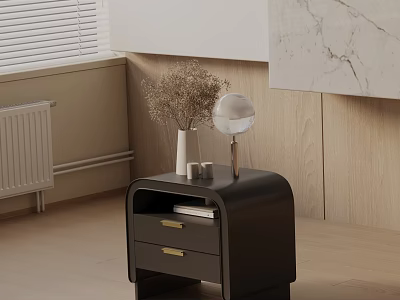 Black Nightstand With Two Drawers Gold Handles Dried Flowers Vase And Round Globe Lamp 3d model