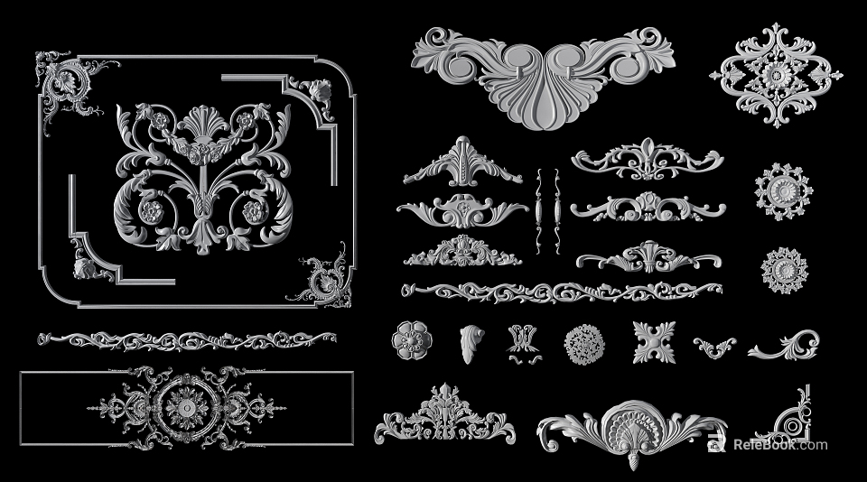 Intricate Decorative Carvings With Various Floral Patterns Scroll Designs And Ornamental Borders 3d model 