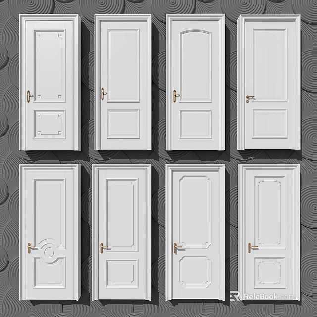 White Swing Doors With Brass Handles And Decorative Panel Designs 3d model
