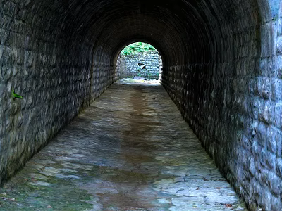 Stone Tunnel Pathway With Weathered Stone Walls And End Greenery Light 3d model