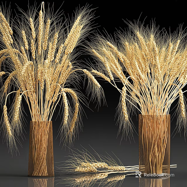 Natural Wheat Ears Decorative Ornament Set With Rustic Vases For Home Decor 3d model 