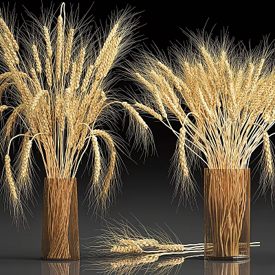 Natural Wheat Ears Decorative Ornament Set With Rustic Vases For Home Decor 3d model