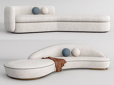 White Curved Sectional Sofa With Blue Beige Cushions And Brown Throw Blanket 3d model
