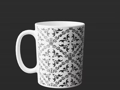 White Ceramic Mug With Intricate Black Floral Pattern For Home Decor 3d model