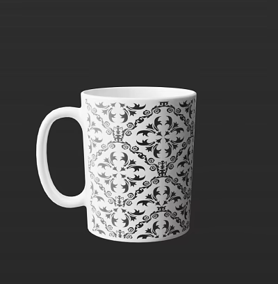 White Ceramic Mug With Intricate Black Floral Pattern For Home Decor 3d model