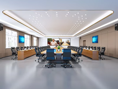 Modern Conference Room With Long Table Blue Screens Comfortable Chairs And Ceiling Lighting 3d model