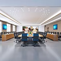Modern Conference Room With Long Table Blue Screens Comfortable Chairs And Ceiling Lighting