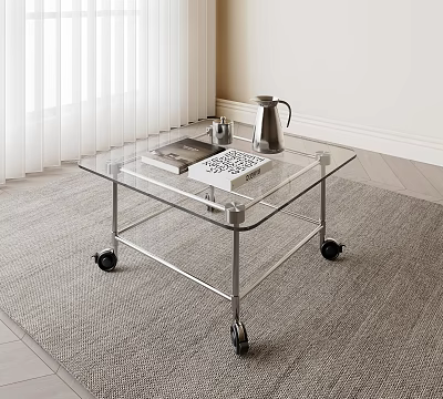 Modern Glass Top Coffee Table with Metal Frame Wheels on Rug and Kettle Books 3d model