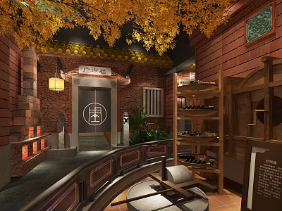 Traditional Chinese Hotel Corridor With Red Brick Walls Golden Leaf Ceiling And Wooden Wine Rack 3d model
