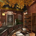 Traditional Chinese Hotel Corridor With Red Brick Walls Golden Leaf Ceiling And Wooden Wine Rack