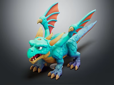 Turquoise Cartoon 3D Dragon Character as Fantasy Creature with Orange Wings Purple Claws 3d model