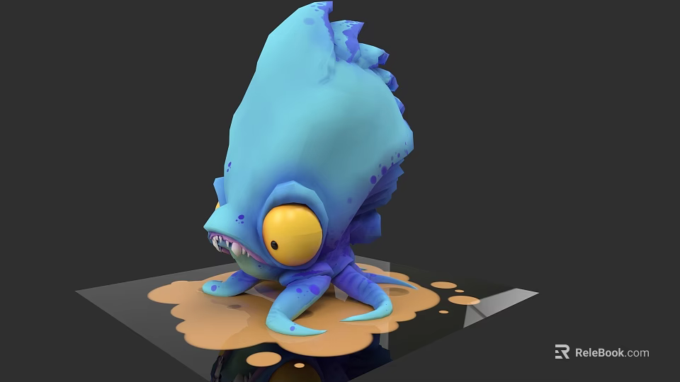 Cartoon Blue Aquatic Animal With Yellow Eyes And Tentacles On Puddle Base 3d model 