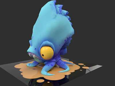 Cartoon Blue Aquatic Animal With Yellow Eyes And Tentacles On Puddle Base 3d model