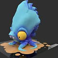 Cartoon Blue Aquatic Animal With Yellow Eyes And Tentacles On Puddle Base