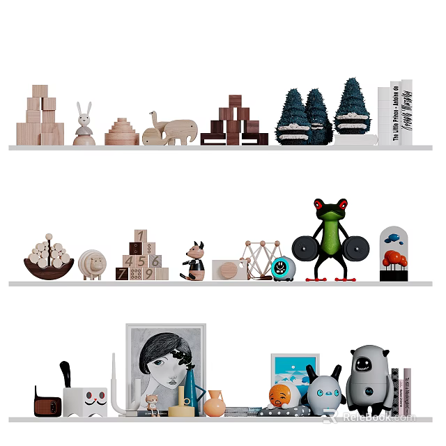 Modern Decorative Ornament Set with Animal Figures Wooden Blocks Cute Frog Doll for Shelf Decor 3d model 