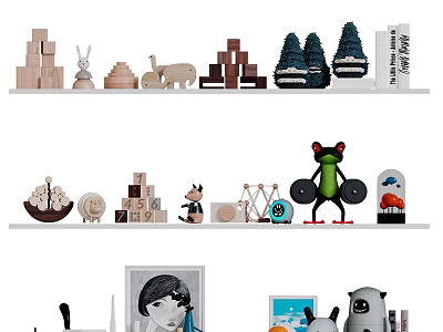 Modern Decorative Ornament Set with Animal Figures Wooden Blocks Cute Frog Doll for Shelf Decor 3d model