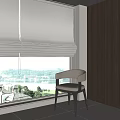 Modern Roman Blinds in Neutral Tones Framing Window with Scenic View and Chair