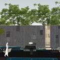 Modern Garden Landscape With Marble Table Fire Pit Seating Stone Wall Sculpture And Lush Greenery