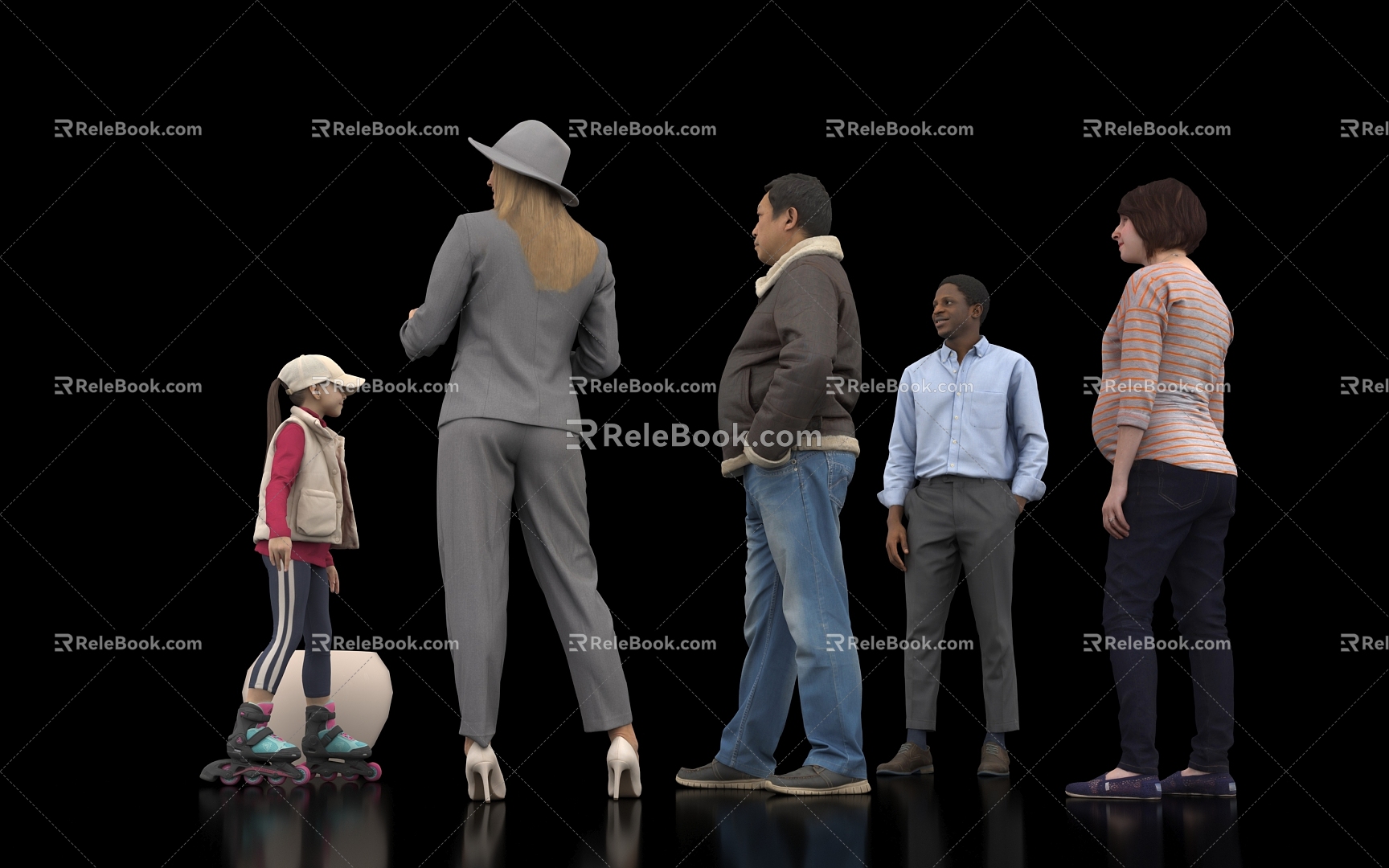 Many people chat dialogue characters model men and women sitting posture standing walking passers-by scene atmosphere photo tourists luggage children 3d model