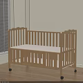 Wooden Baby Crib With Wheels In Light Wood Finish Near Window Blinds