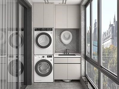 Home Balcony With Washing Machine Dryer Sink Storage Cabinets Large Windows City View And Trees 3d model