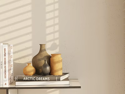 Decorative Ornament Set With Vases And Books On Shelf Against Light Shadow Wall 3d model
