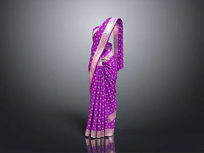 Elegant Purple Sari With White Polka Dots And Gold Border 3d model