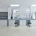 Modern Laboratory Open Layout With White Lab Benches Cabinets Ceiling Lights And Large Windows 3d model