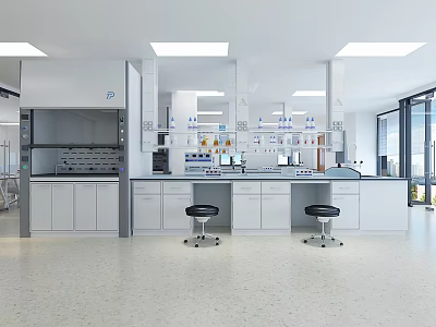 Modern Laboratory Open Layout With White Lab Benches Cabinets Ceiling Lights And Large Windows 3d model