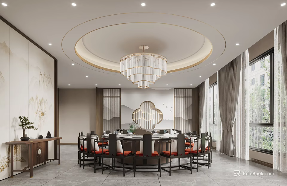 Modern Chinese Private Dining Room With Round Table Red Chairs Chandelier And Screen 3d model 