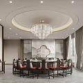 Modern Chinese Private Dining Room With Round Table Red Chairs Chandelier And Screen