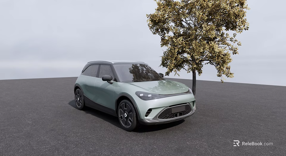 Light Green Small Car Parked Next to Tree on Gray Ground With Sky 3d model 