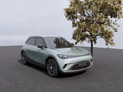 Light Green Small Car Parked Next to Tree on Gray Ground With Sky 3d model