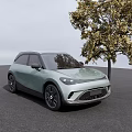 Light Green Small Car Parked Next to Tree on Gray Ground With Sky