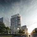 Modern Urban Cityscape With Tall Buildings Roads Green Areas And Water Pool