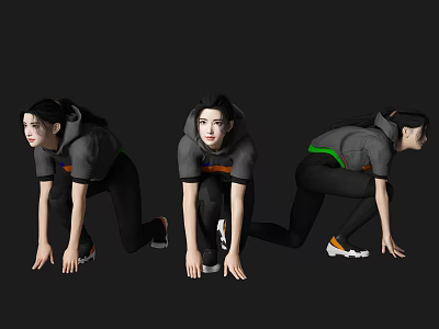 Multiple People in Gray Hoodies and Black Pants Performing Different Athletic Stretching Poses 3d model