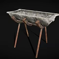 Rectangular Stone Sink With Rustic Wooden Tripod Stand And Natural Texture 3d model