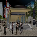 Modern Urban Station Entrance With Tall Buildings Flags Balloons And People Gathering