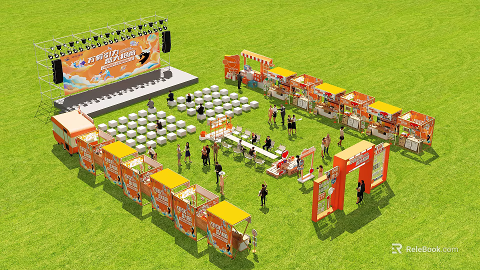 Outdoor Exhibition Event With Stage Orange Booths Seating Area And Crowd Activities 3d model 