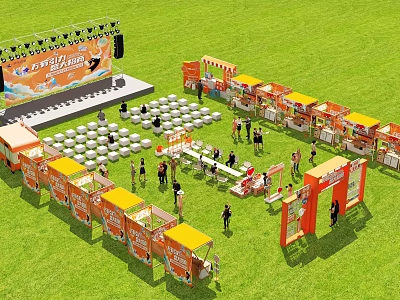 Outdoor Exhibition Event With Stage Orange Booths Seating Area And Crowd Activities 3d model