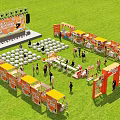 Outdoor Exhibition Event With Stage Orange Booths Seating Area And Crowd Activities