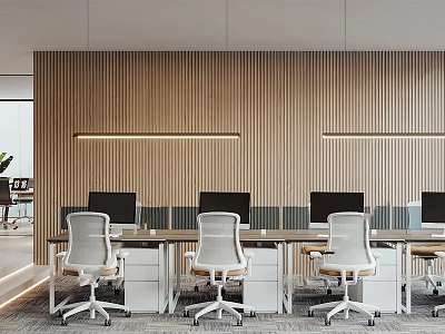 Modern Public Office Space With Wooden Wall Paneling Desks Ergonomic Chairs And Monitors 3d model