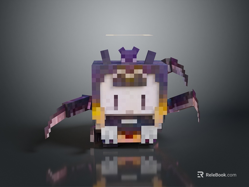 3D Pixel Style Flying Creature On Reflective Surface With Purple Yellow Colors Halo And Wings 3d model 
