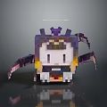 3D Pixel Style Flying Creature On Reflective Surface With Purple Yellow Colors Halo And Wings