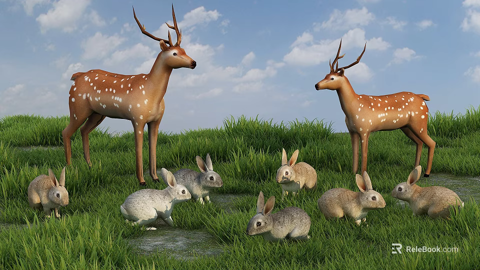 Deer And Rabbits In Green Grassland With Puddle Under Blue Sky And White Clouds 3d model 