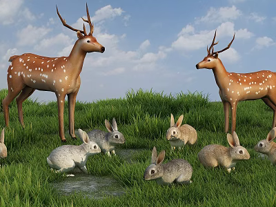 Little animals little deer and rabbit rabbit with animation 3d model
