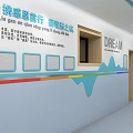 School Corridor Interior With Blue Walls Colorful Decorations Display Frames And Text 3d model