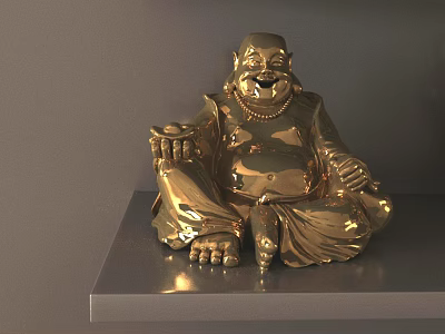 Golden Seated Buddha Sculpture with Smiling Face on Display Stand 3d model